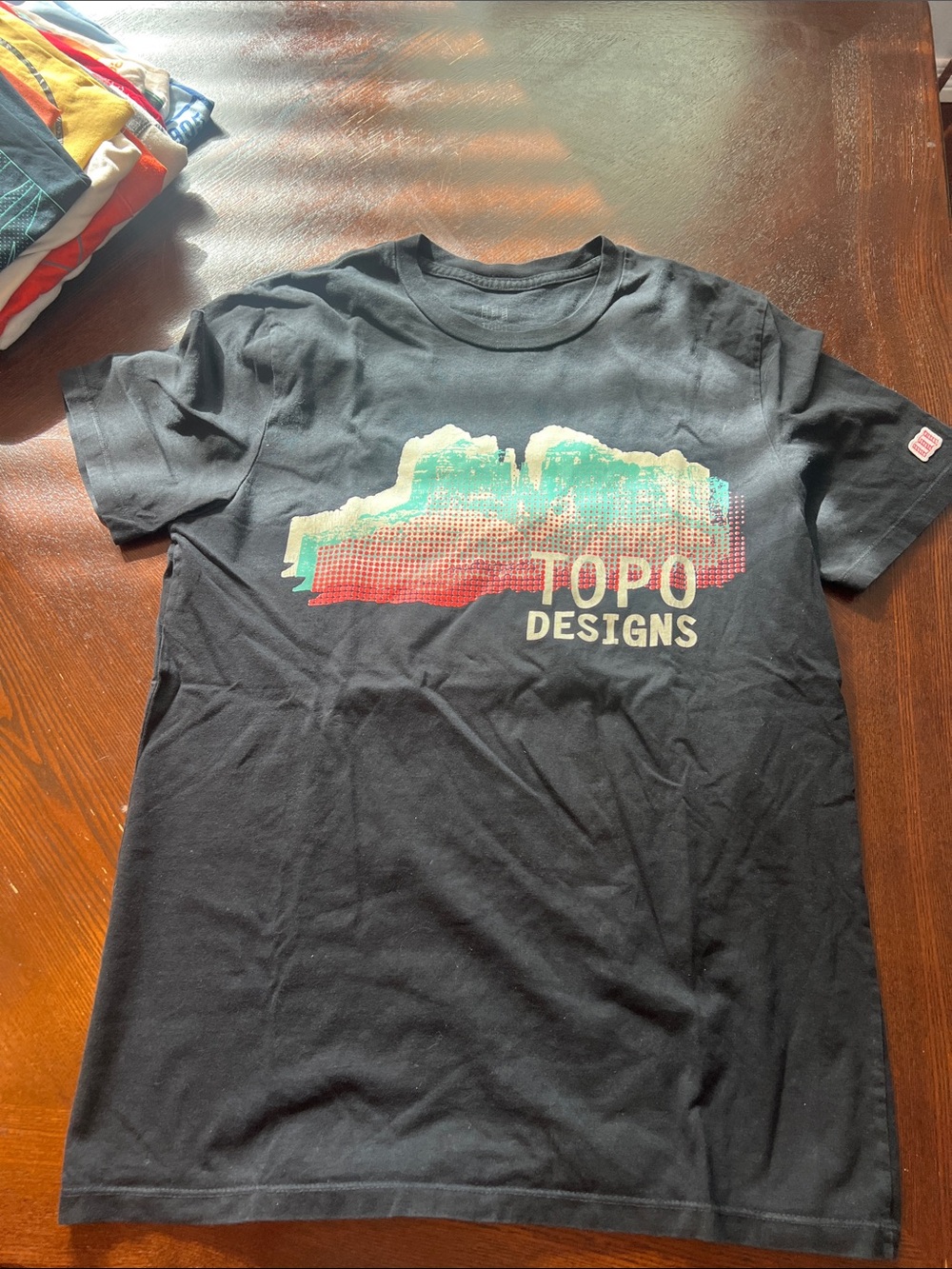Topo Designs Black Kids Graphic Tee with Teal and Coral Print